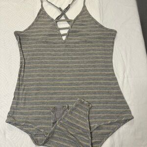 Gray and Yellow Ribbed Bodysuit with V-Neckline